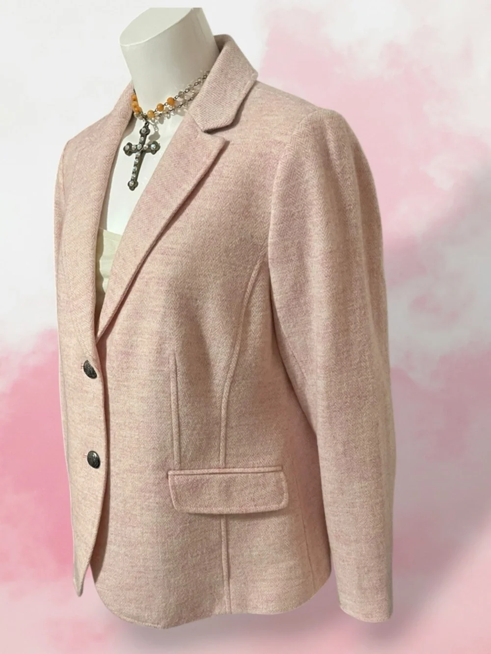 Talbots SHETLAND WOOL BLAZER - HEATHERED Houndstooth Size 12 Pink Lined